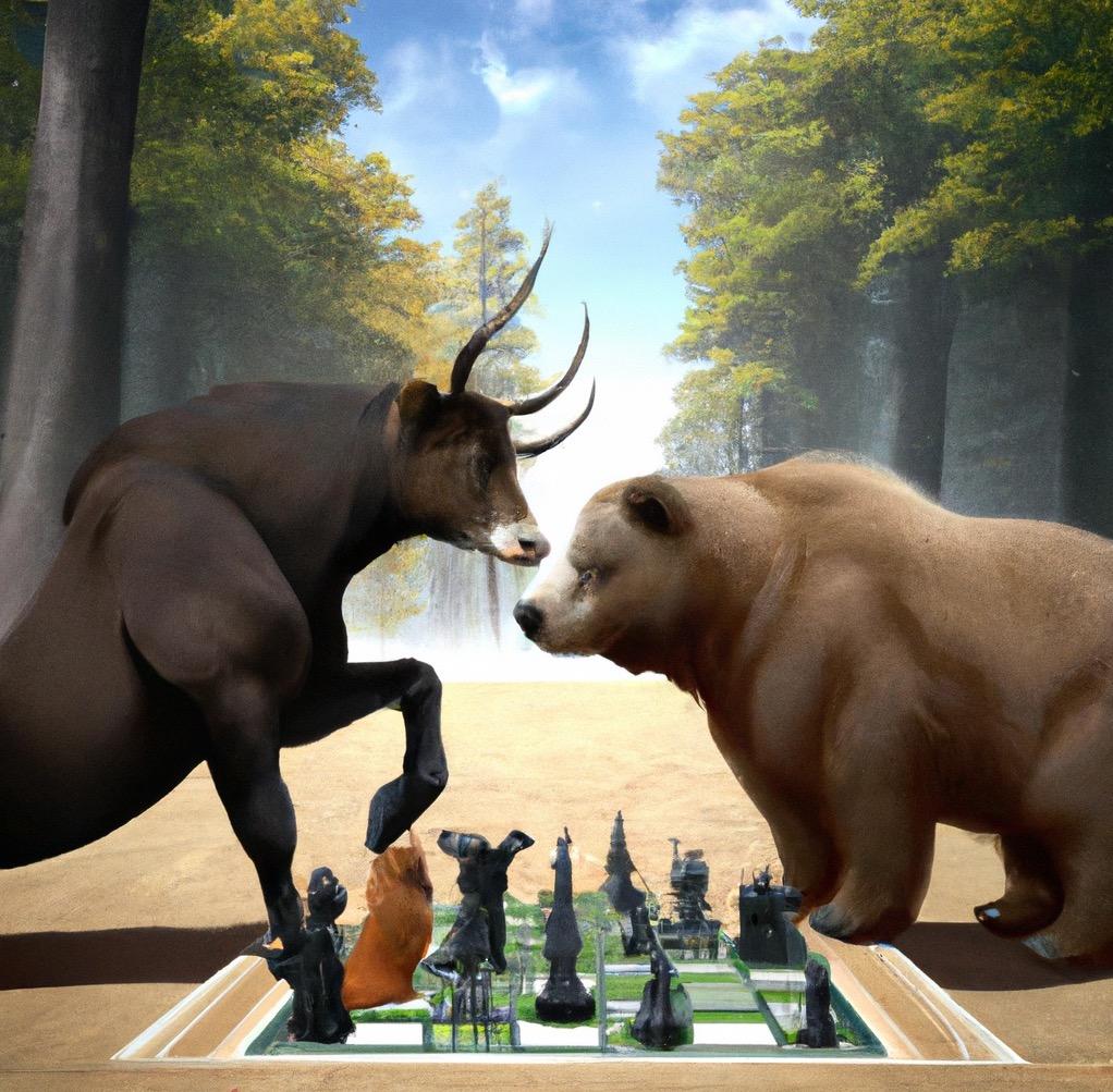 brown bear and black bull fighting on a giant chessboard with trees in the background, digital art